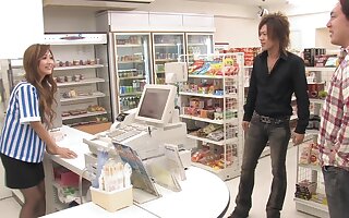 Beautiful Japanese store certified public accountant gets fucked by 3 customers during opening noontide